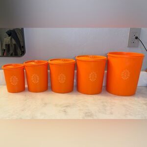 Vintage Tupperware 9-Pc Servalier Nesting Kitchen Canister Set In Harvest Orange